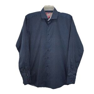 7 Downie St London Night Blue Button Up Shirt Mens Large Fitted Stretch Long Slv